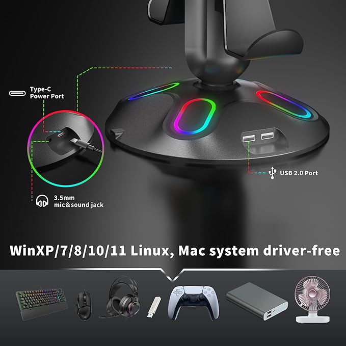 Gaming RGB Headphone Stand, Controller Holder with 9 Light Modes and 2 USB Charging Ports and 3.5mm & Type-C - Controller Stand Hanger Accessories for Desk and Gamer(Black) A
