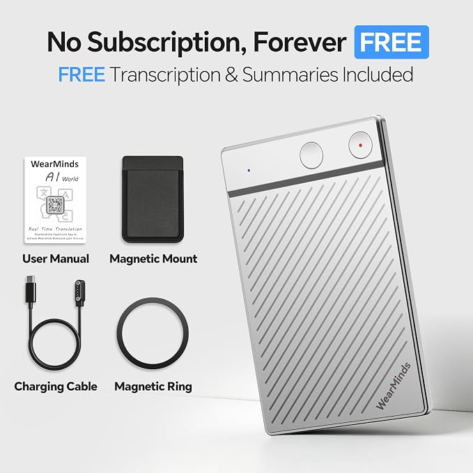 AI Voice Recorder, NoteCard Voice Recorder with case, App Control, Real Time Transcribe & Summarize with AI Technology, Multi-Language, Long Battery Life Meetings/Class/Lectures (Silver)
