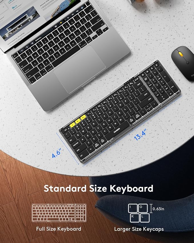 Foldable Keyboard and Mouse, Samsers Folding Bluetooth Keyboard Combo, 2.4G + BT5.0 x 2, Full-Size Portable Travel Keyboard & Rechargeable Wireless Mouse for Windows Android iOS Mac OS, Gray Black