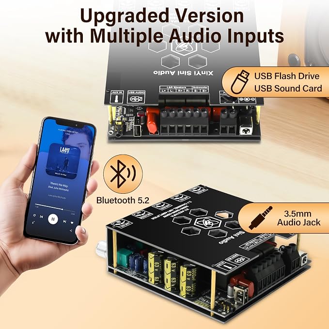 Daakro AS21HPA 2.1 Channel Bluetooth Amplifier Board, 300W*2+600W Peak Power Home Audio Amplifier Board, Amp Wide Voltage Input 19-51V,Supports USB/AUX/BT Input for DIY Wireless Speaker