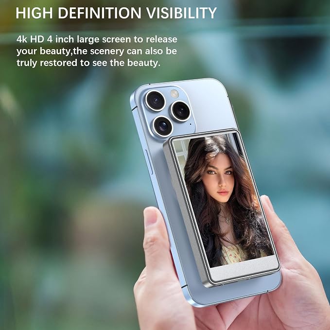 Vlog Selfie Monitor Screen for Phone, Rear Camera for Selfie Vlog Live Stream, Magnetic Mount for MagSafe, Wireless Connection Compatible with iPhone(NOT Support 17) (4 inch)