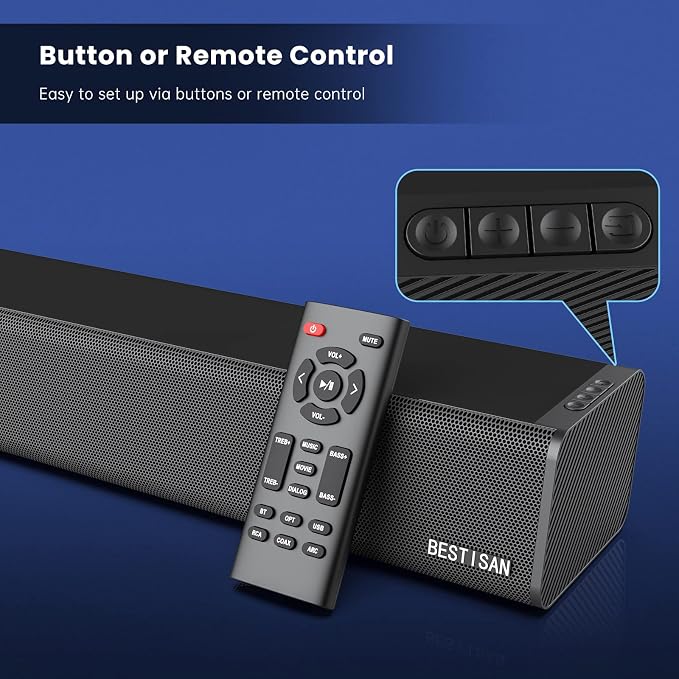 Sound Bar, BESTISAN 50 Watts Soundbar with HDMI, Optical, AUX, USB,Sub Out and Bluetooth Connection, DSP, Bass Adjustable, 16 Inch, Mountable