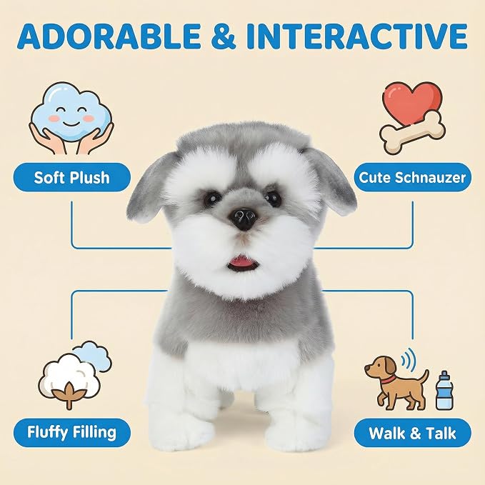 CU-MATE 12" Electric Plush Dog Toys, Electronic Stuffed Animal Dog Toy, Interactive Wuffy Robot Toy, Walking, Talking, Barking & Wagging Tail, Gifts for Boys and Girls (Schnauzer)