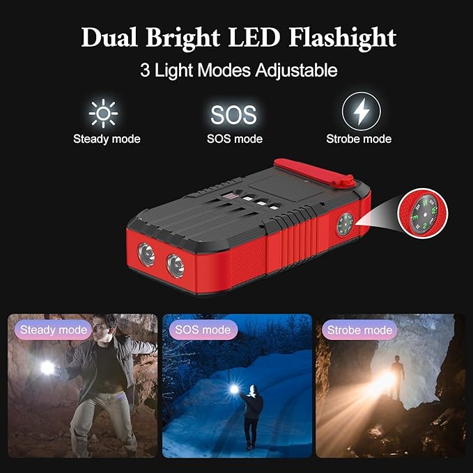 Solar Power Bank, 66800mAh, Hand Crank, 22.5W USB-C Fast Charging, 6 Outputs & 4 Inputs, SOS/Strobe/Compass, for Camping/Hiking/Trips (Red)