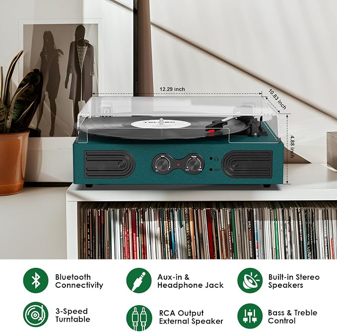 Vinyl Record Player with Built-in Speakers 3-Speed Vintage Record Player Support Treble& Bass Control, 3.5mm Headphone Jack, RCA-Out/Aux in, Belt-Driven LP Turntable,Dark Green