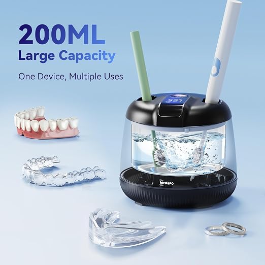 Ultrasonic Retainer Cleaner Machine 48kHz, Dental Cleaning Pod, Ultrasonic Retainer Cleaner for Dentures, Aligners, Mouth Guards, Toothbrush Heads and Jewelry with 200ML Capacity, LAB Supply | Gentle cleaning action works well on mouth guards, toothbru...