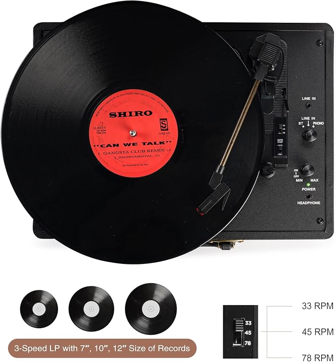 Retrolife Vinyl Record Player 3-Speed Bluetooth Suitcase Portable Belt-Driven Record Player with Built-in Speakers RCA Line Out AUX in Headphone Jack Vintage Turntable,Black