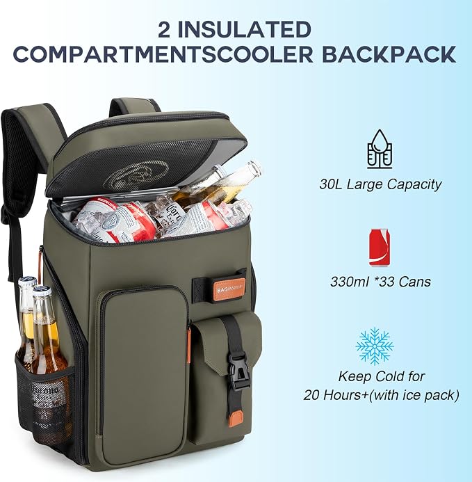 BAGPARKK Insulated Cooler Backpack,33/45 Cans Multifunctional Double Deck Leakproof Cooler Bag with Sternum Strap,Large Capacity Lightweight Travel Camping Beach Backpack