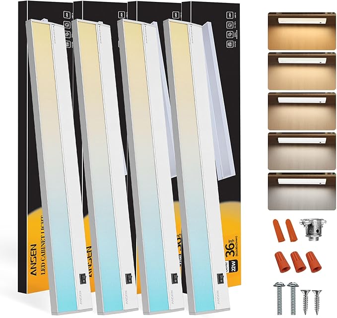 Ansen 4Packs of Under Cabinet Lighting Hardwired, 36IN 22W 1426LM, Dimmable Led Light for Kitchen/Bar/Closet, CRI>92, R9>90, 5 Color Temperature, 2700K-5000K(Warm White, Cool White, Daylight)