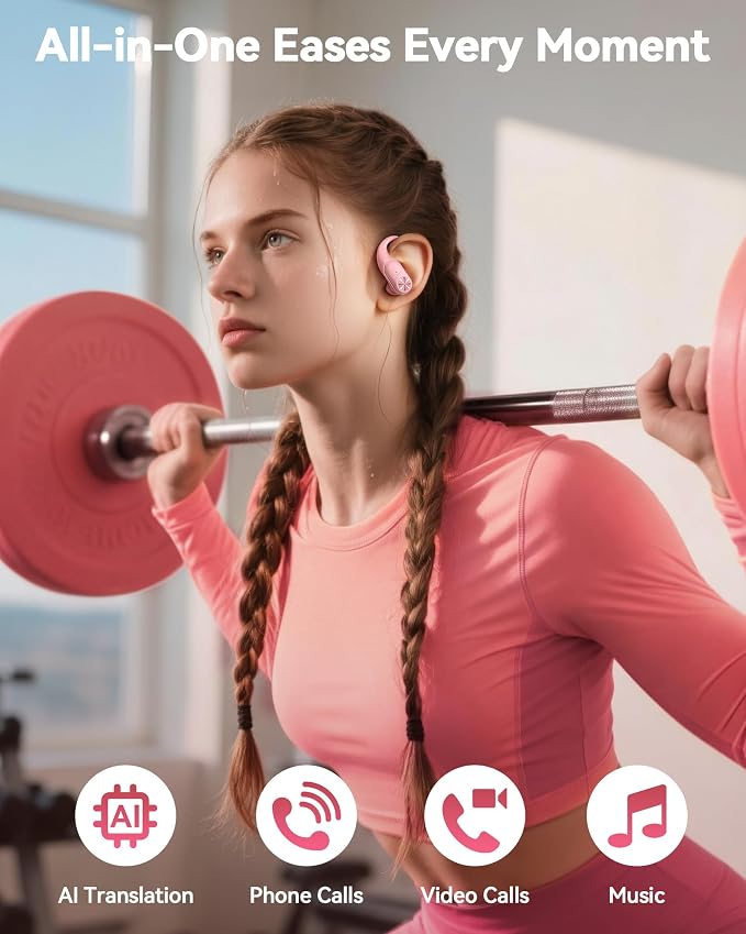 PocBuds Bluetooth Headphones Wireless Earbuds 80hrs Playtime Wireless Charging Case Digital Display Sports Ear Buds with Earhook Deep Bass IPX7 Waterproof Over-Ear Earphones for TV Phone Laptop Pink