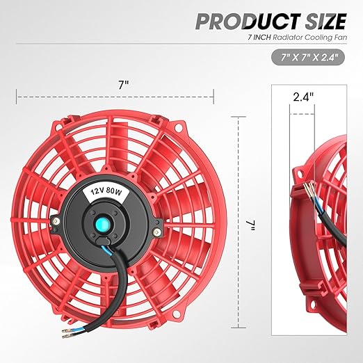 DNA Motoring 7 Inch High Performace Electric Cooling Slim Radiator Fan with Mount Kit, Red, RAF-7-RD+FMK