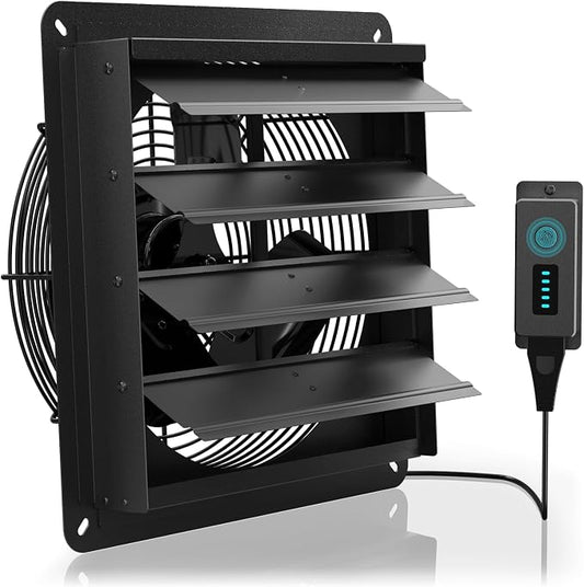 Shutter Exhaust Fan, 12'' Wall Mount Attic Fan with Speed Controller, Automatic Shutter, 1600 RPM, 5 Speed Adjustable, Ventilation and Cooling for Attic, Garage, Greenhouse