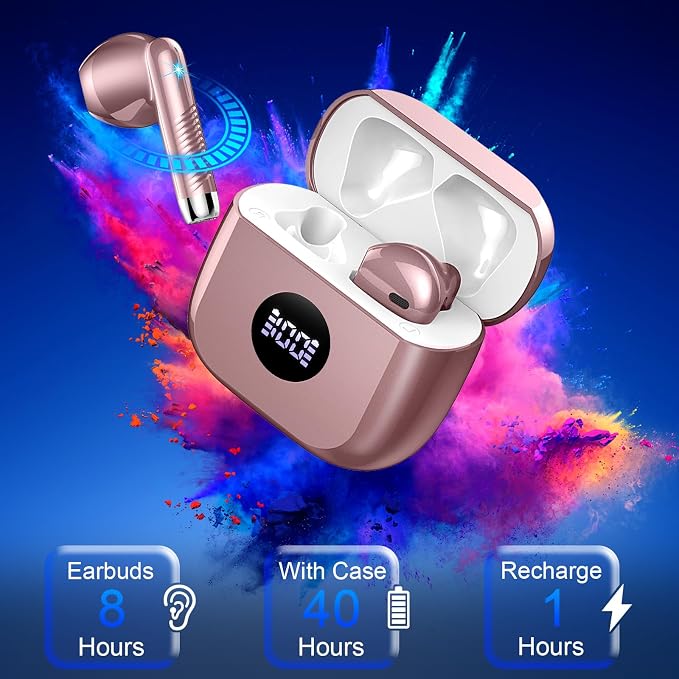 Wireless Earbuds, 2026 Bluetooth Headphones 5.4 HiFi Stereo, in-Ear Ear buds with 4 ENC Noise Cancelling Mics, 40H Playtime Sport Ear Buds with Charging Case, IP7 Waterproof Earphones with LED Display