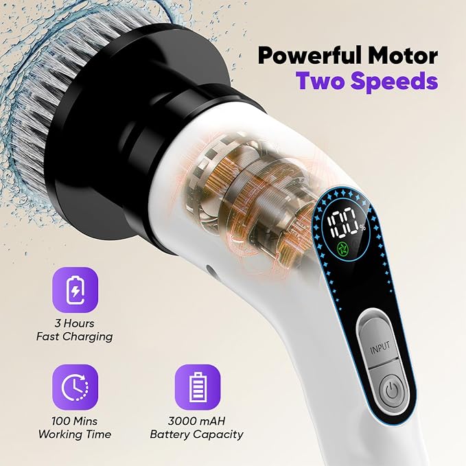 Electric Spin Scrubber Cordless – Powerful Bathroom Cleaning Brush with Long Handle, 2 Speeds, 3000mAh Rechargeable, 7 Brush Heads, Wall Hanger & Crevice Tools – Shower, Tub & Tile Cleaner