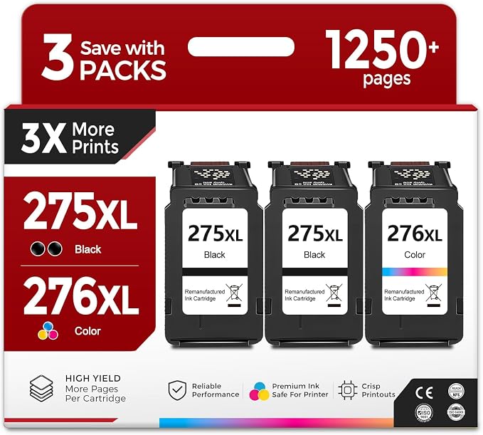 275XL 276XL Ink Cartridge (2 Black 1 color) Replacement for Canon PG-275 CL-276 XL PG275 CL276 for Cannon Pixma TS3522 TR4720 TS3500 TS3520 TR4700 TS3700 TS3720 TS3722 TR4722 TR4723 TR4725 Printer
