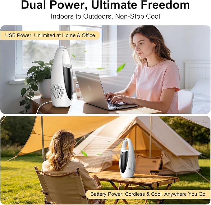 KONSIDEN Bladeless Misting Desk Fan, 13 Inch Rechargeable 3500mAh Quiet Small Personal Table Fan, 9 Speeds & 9H Timer, 60° Oscillation, 180ml Water Tank & Night Light for Bedroom Office Home Outdoor