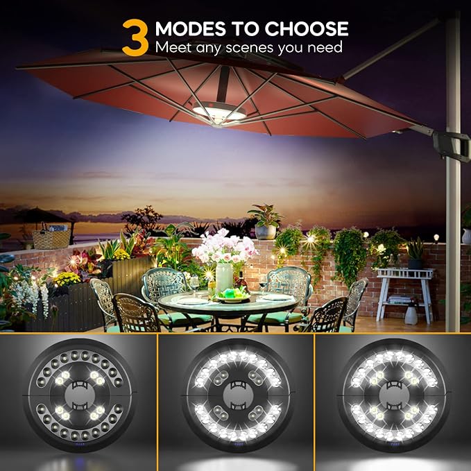 Eletorot Rechargeable Patio Umbrella Light - 28 LED White Umbrella Pole Light with 3 Brightness Modes, Cordless Outdoor Light for Patio Table, Garden, Backyard Decor, Deck, Pool, BBQ and Camping