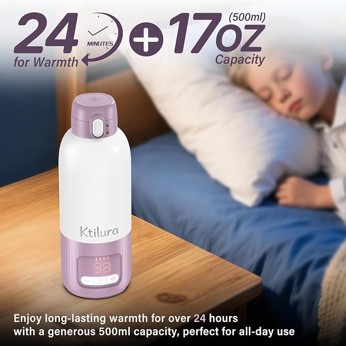 Portable Bottle Warmer for Travel,17 Oz Milk Warmer for Breast Milk/Formula/Water,2 Mins Fast Heating, Built-in Sterilizer, Fast Charge, 8-Temp Control, Precise Temp Control (98°F-212°F)