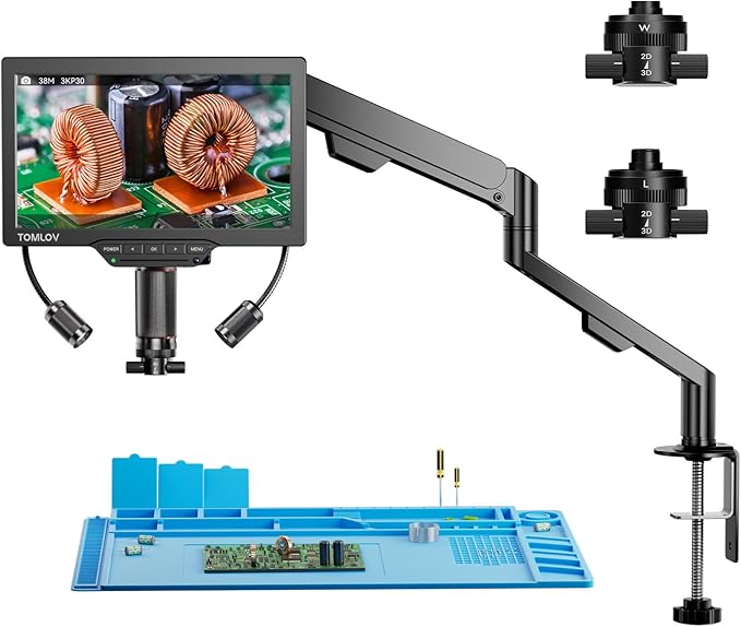 TOMLOV 3D Digital Soldering Microscope: Magnetic Dual Lens Micro Scope TM3K-3D Max For Adult, Coin Microscope with Flex Arm, 3K 10.1-Inch IPS Screen, HDMI/USB Output, Gooseneck Light, Repair Mat, 16GB