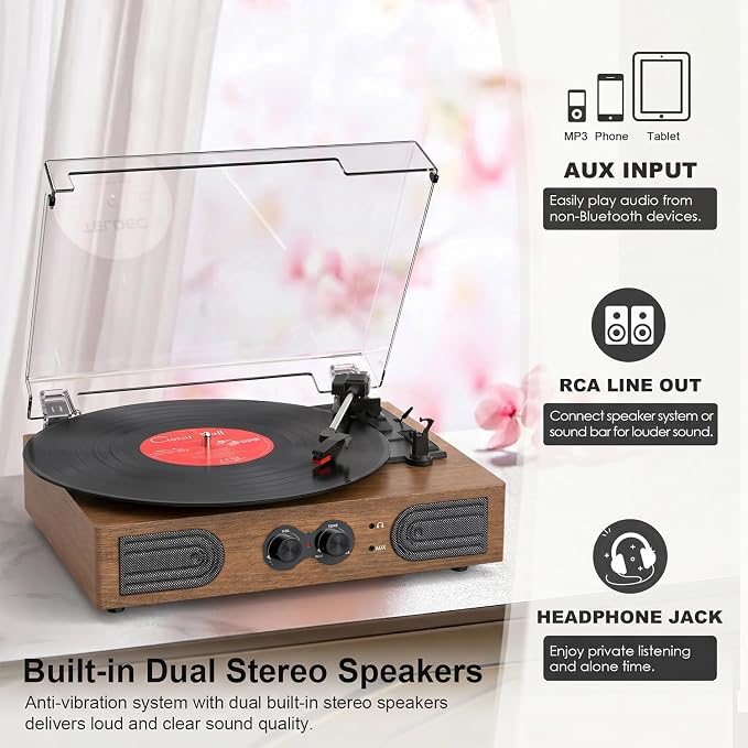 Vinyl Record Player with Built-in Stereo Speakers, 3-Speed Belt-Drive Turntable, Treble & Bass Control, RCA-Out/AUX-in, 3.5mm Headphone Jack—Vintage LP Player for Home & Gifts, Walnut