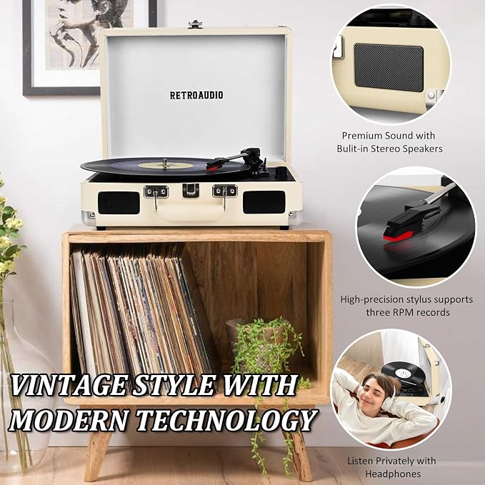Vinyl Record Player with Built-in Speakers 3-Speed Vintage Record Player Bluetooth Portable Suitcase Turntable Belt-Driven LP Player Support RCA Output and Headphone Output (Creamy White)