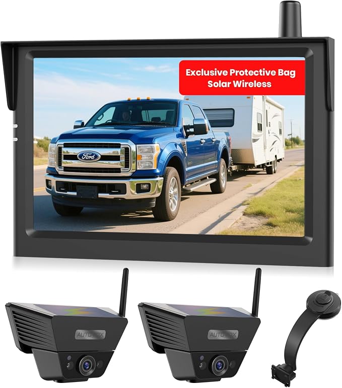 AUTO-VOX Wireless Backup Camera Kit: 5" Monitor, Dual Solar 5A Cams, Suction Mount – Dual View for RV, Horse/Boat Trailer, Cargo, Campsite & Safe Parking