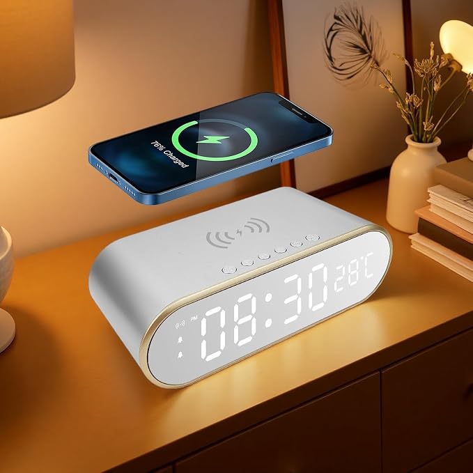 15W Fast Wireless Charging Pad Compatible with Qi-Enabled Phones, 5W/7.5W/10W Standard Charging Modes, Temperature Display & Alarm Clock for Bedside Desk, W628 White.
