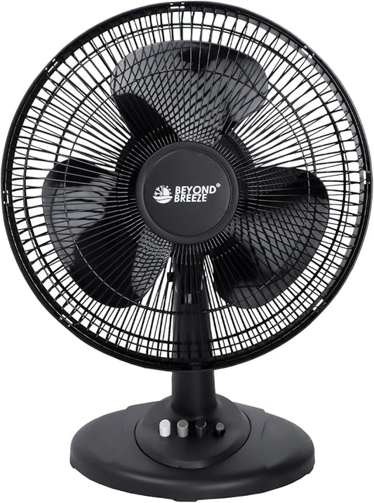 BEYOND BREEZE Oscillating Table Fan Quiet 3-Speed 12-Inch Adjustable Tilt Fan with Safety Grill, Ideal for Home, Office, Dorm, Black