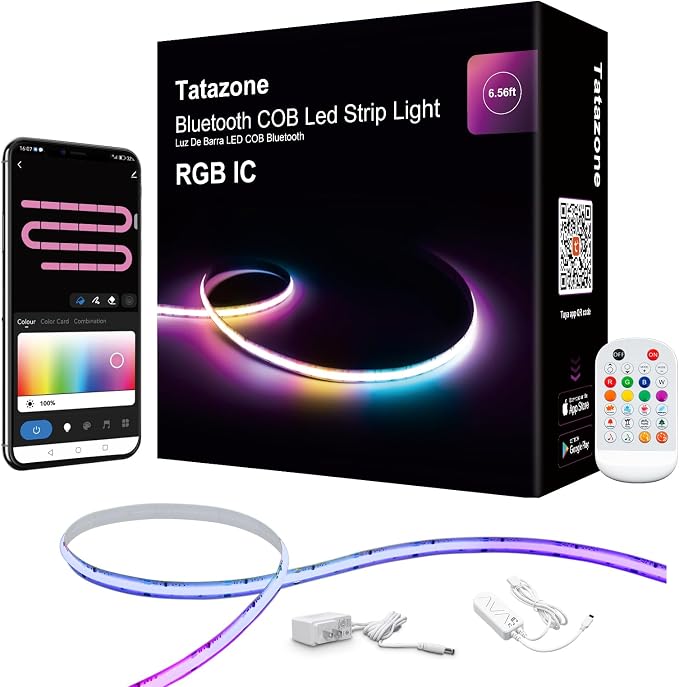 Tatazone 6.56ft Bluetooth RGB+IC COB Led Strip Light with App, Chasing COB Light Strip, Segmented Control, Music Sync, Color Changing Led Lights for Home Decor, Gaming, Cabinet, Desk