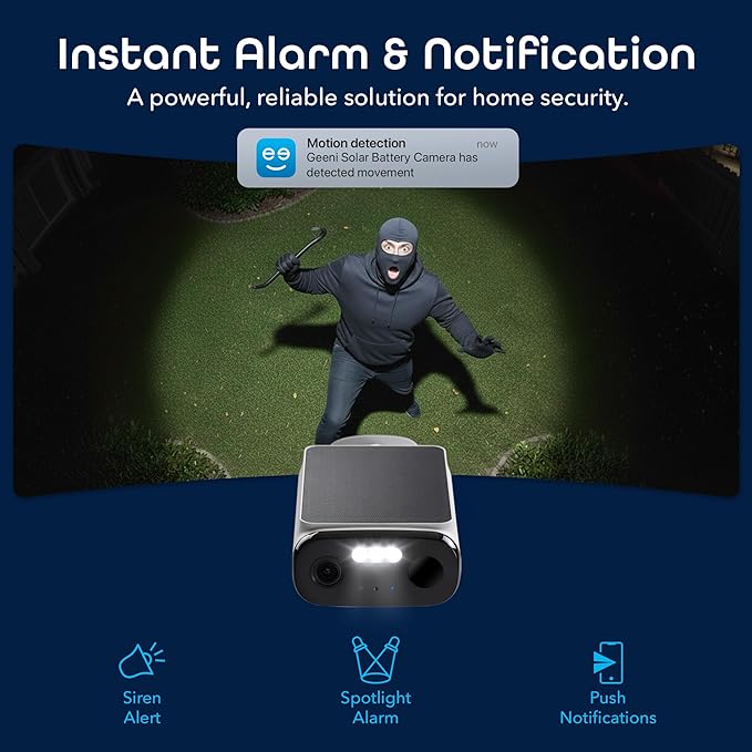 Geeni Falcon Smart Solar Battery Camera 5MP 2K+ – Outdoor Camera Wireless, Weather Resistant with Solar-Powered Battery, Motion Alerts, Color Night Vision, Two-Way Audio — 1-Pack, White