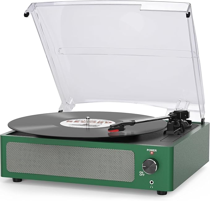 Vinyl Record Player with Speakers & Wireless Receiver Turntable for Vinyl Records 3 Speed 3 Size LP Player Portable Turn Table Vinyls Records Players Headphone AUX RCA Auto Stop New Sleek Dark Green