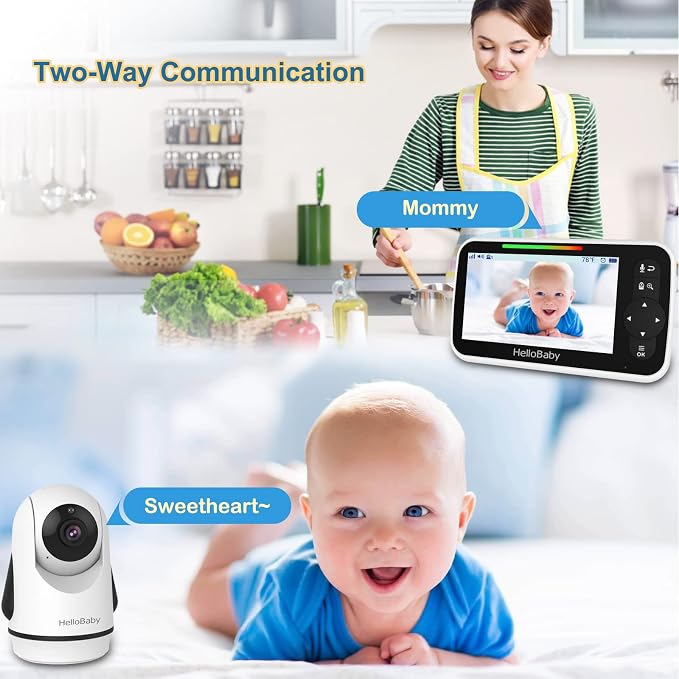 HelloBaby 5 Inch Video Baby Monitor with Camera and Audio, Remote Pan-Tilt-Zoom Camera with Night Vision, 2-Way Talk, Temperature, 8 Lullabies and 1000ft Range Baby Monitor No WiFi Needed