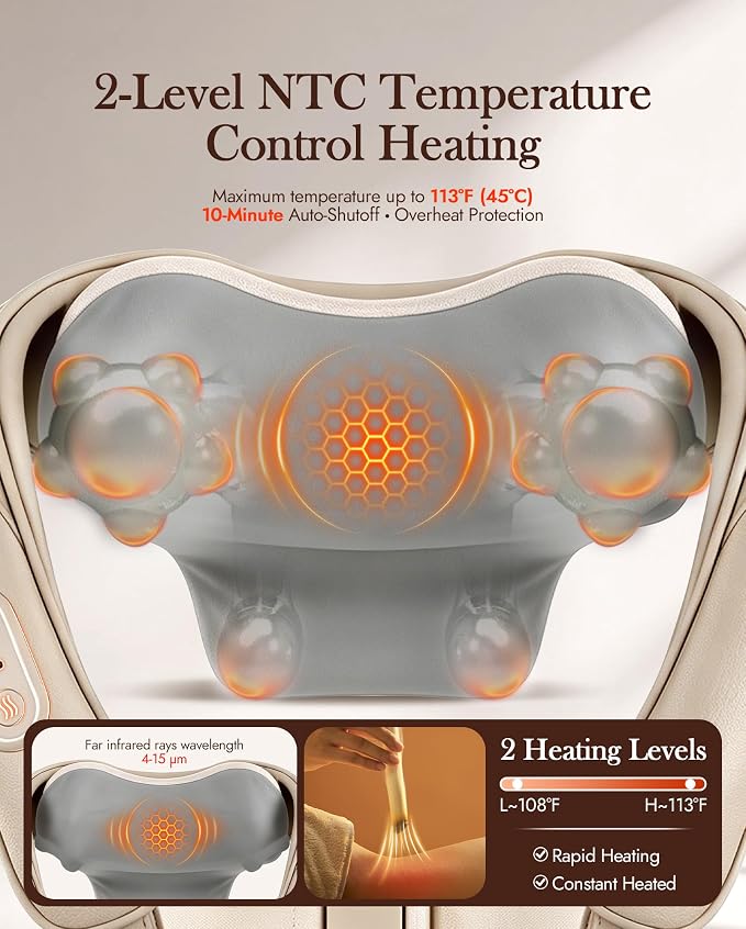 Neck Massager with Heat Cordless: Shiatsu Back Shoulder Massage Tools for Pain Relief Deep Tissue Electric 4D Kneading for Muscle Remedy Lymphatic Drainage Gifts for Men Women Mom Dad (Brown)