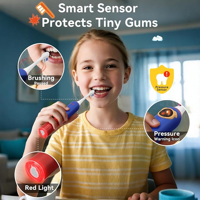 SEAGO Kids Electric Toothbrushes Rechargeable, Sonic Toothbrush with Pressure Sensor, Smart Timer and Silicone Coat, 8 Toothbrush Heads for Ages 3+ Boys Girls (Red)