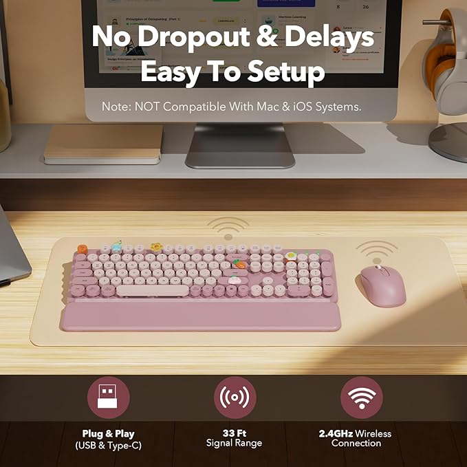 Wireless Keyboard and Mouse Combo, Full-Size Typewriter-Style Keyboard with Round Keycaps, Magnetic Wrist Rest, Tilt Legs, 2.4GHz Cordless for Mac, Windows PC, Laptop, SABLUTE CK23, Dusty Rose