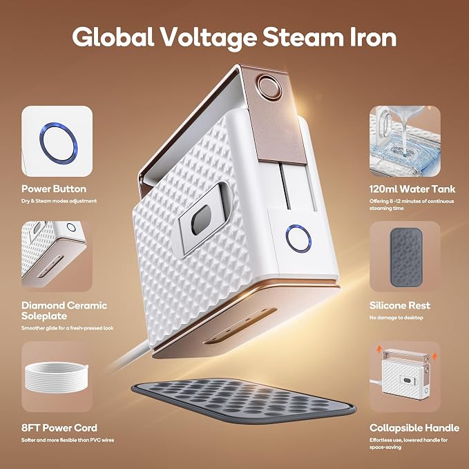 Newbealer 100-240V Travel Steam Iron, 2in1 Handheld Steamer, 120ml (Gold) | Compact for Global Trips & Vacations, Non-Stick Ceramic Soleplate, Heats in 20s, 360° Steaming Anti-Spill, Auto-Off, 1.5 lbs
