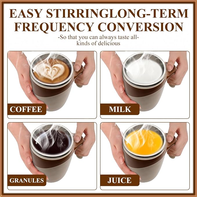 Self Stirring Coffee Mug, Rechargeable Automatic Stirring Mixing Mug, Electric Funny Self Mixing Cup, Stainless Steel Travel Coffee Cup for Office, Home, Kitchen (Brown)