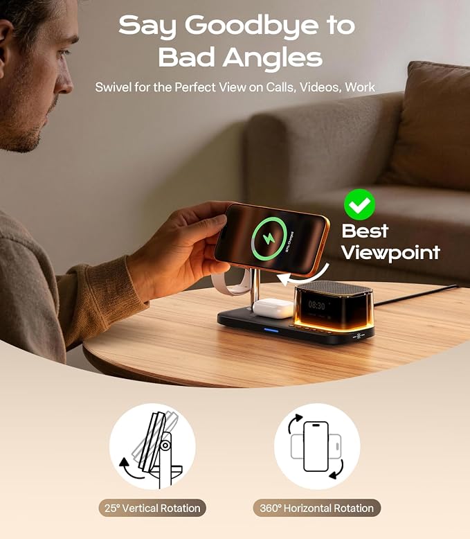 Meifigno 45W 5 in 1 Charging Station with Bluetooth Speaker and Alarm Clock & Night Light, Qi2.2 25W Fast Wireless Charger for MagSafe Charger for iPhone 17/16, Charger Stand for Apple Watch & AirPods
