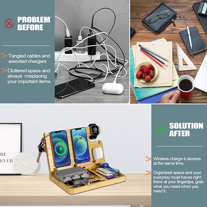 Wood Phone Docking Station 2 Phone Wireless Charging Station Nightstand Organizer for Men 27W Fast Charging Bamboo Wireless Charger for iPhone Android Phone iWatch Earbuds Birthday Gifts for Men