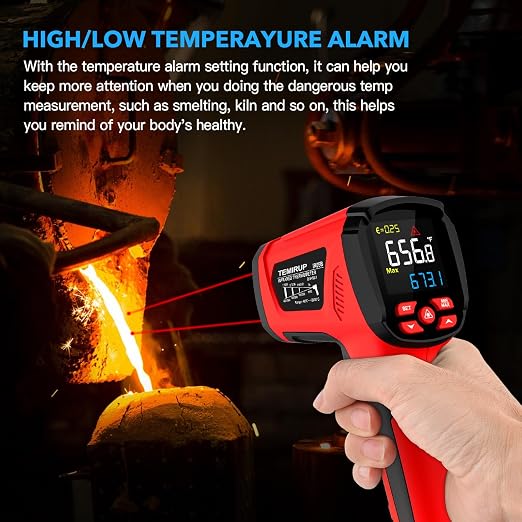 Infrared Thermometer Temperature Gun, -40℉-3632℉, Non Contact Digital Laser Thermometer Pyrometer 50:1 High Temp with Color LCD Display for Industrial HVAC Forge Metal Smelting