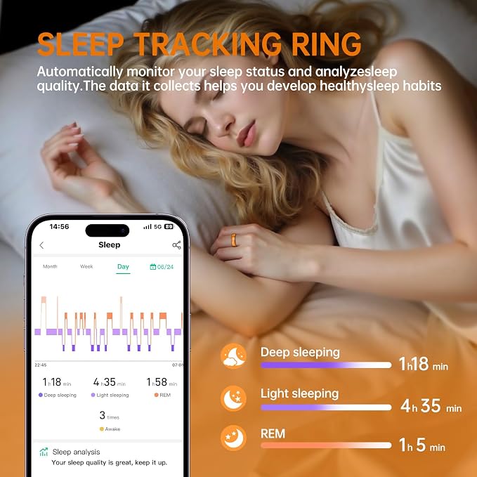 Smart Ring for Women & Men, Health Tracker Ring with Heart Rate, Blood Oxygen,Blood Pressure, IP68 Waterproof Fitness Ring, Sleep Tracker for iPhone and Android, No APP Fee (Orange, 6#)