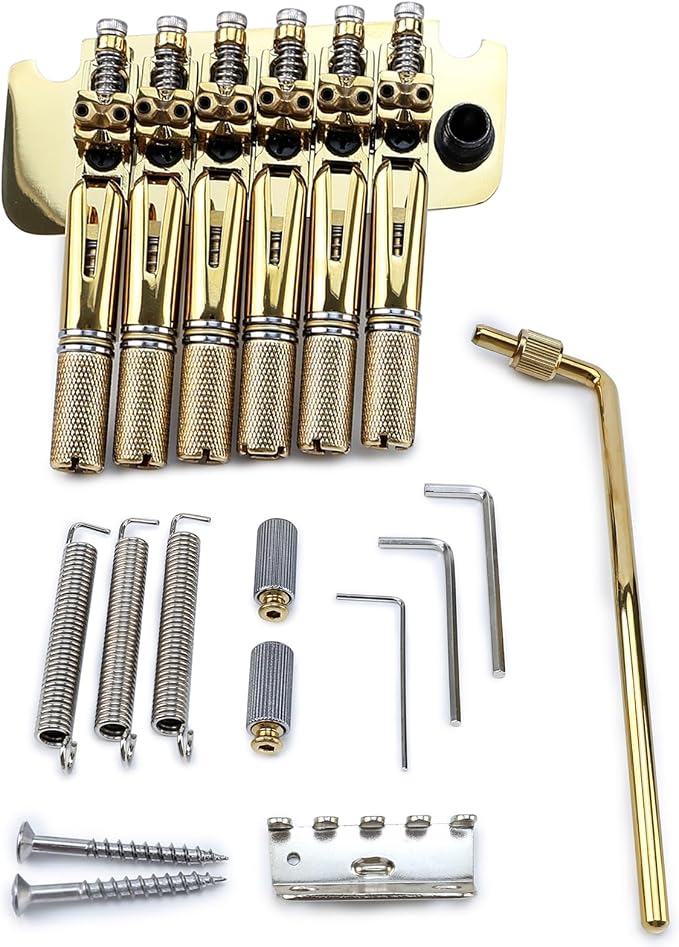 10.5mm Headless Electric Guitar Bridge Gold Brass Block Saddle Hardened Steel Plate 2 point tremolo bridge for Fanned-fret 6 String Headless Electric Guitar Replacement parts