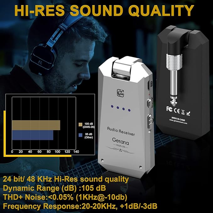 Wireless Guitar Transmitter Receiver Set 5.8GH Wireless Guitar System 4 Channels for Electric Guitar Bass (Silver/Black)