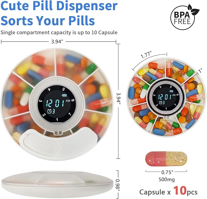 Bluetooth Auto Pill Dispenser w/App Alerts & Alarm Weekly Medicine Pill Organizer with Clear LCD, Tracks Adherence History, Portable for Travel, Large Compartment for Vitamin, Supplements, Fish Oil