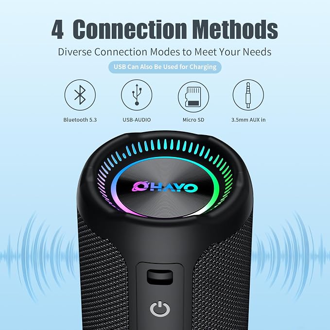Bluetooth Speaker Wireless Loud Stereo Sound IPX7 Waterproof Outdoor Portable 25W Super Bass Speakers for Home Party Beach with 24H Playtime Colorful Lights BT 5.3 TWS Pairing Birthday Gift Black