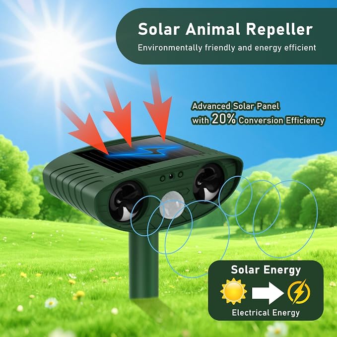 2026 Upgraded Ultrasonic Solar Animal Repellent Outdoor, Deer Repellent Devices Squirrel Cat Raccoon Rabbit Dog Deterrent with Motion Sensor for Yard Garden Lawn-4 Pack
