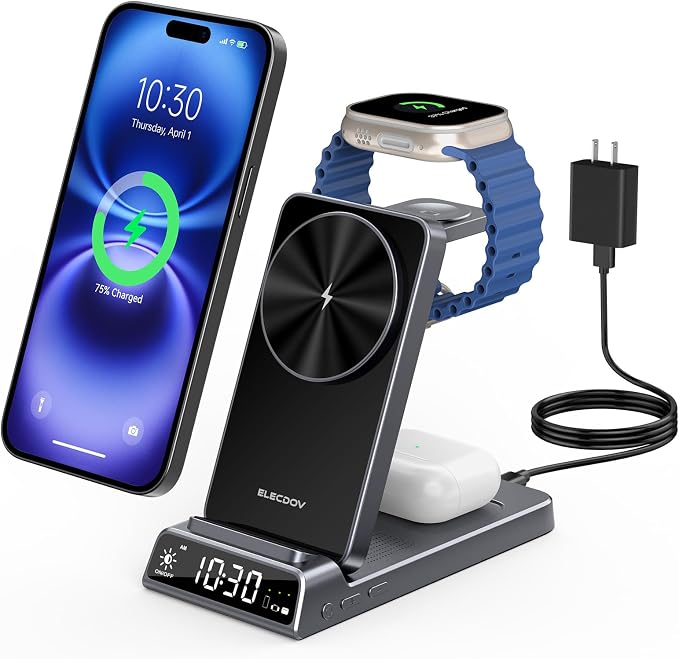 3 in 1 Charging Station for Apple, ELECDOV Magnetic Charger for iPhone, Foldable Wireless Charger with Clock, Travel Watch Charger Stand for iPhone 17/Air/16/15 Series, iWatch 10/AirPods 4 (Grey)