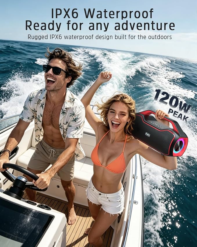 Portable Bluetooth Speaker Wireless, 120W Peak Deep Bass Loud Stereo Sound, BT5.4, IPX6 Waterproof, 20-Hour Battery Life, RGB Lights, TWS Pairing, Party Speaker for Outdoor, Beach, Camping, Tailgate