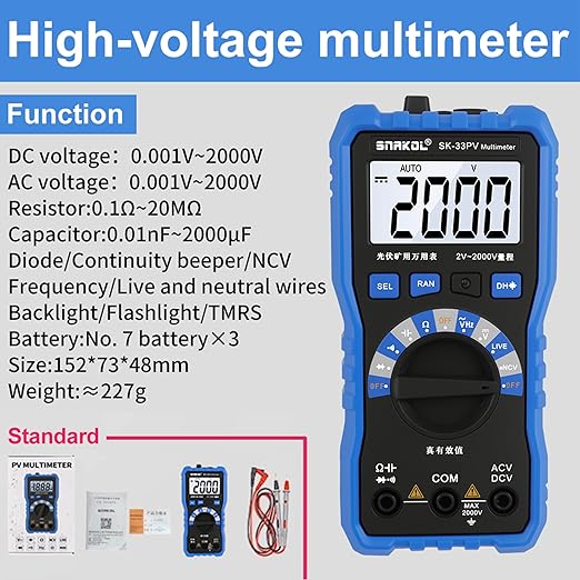 Digital Multimeter Tester, 2000V Volt Meter TRMS, High Voltage Meter for AC DC Voltage, Resistance, Continuity, Diode, Frequency Test with NCV, Backlit LCD Display, Data Hold, Auto-Ranging