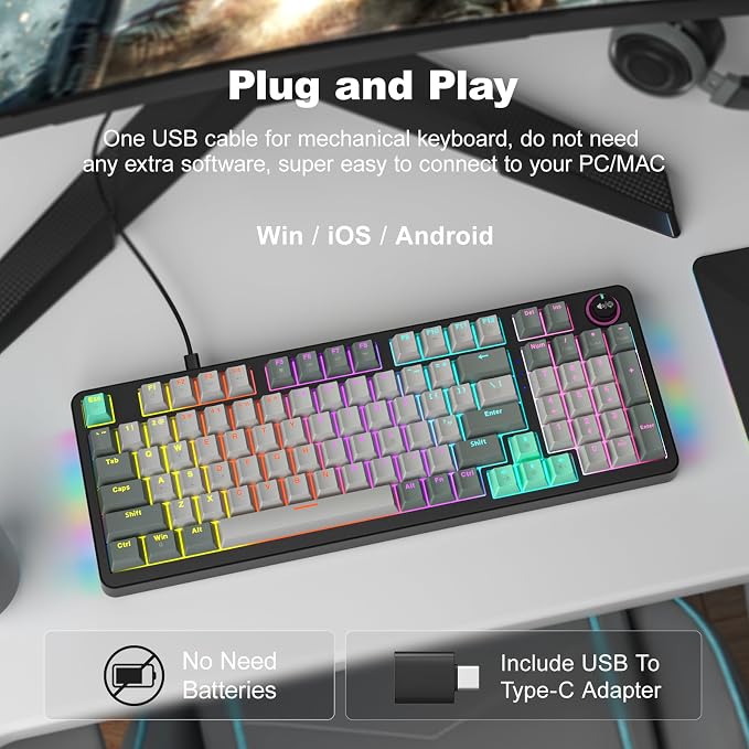 MOFII AK96 Mechanical Gaming Keyboard, Full Keys LED Backlit Programmable, Plug and Play USB A/C Wired Computer Custom Keyboard with Sound/Light Control Knob for Win/Mac - Gray & Black